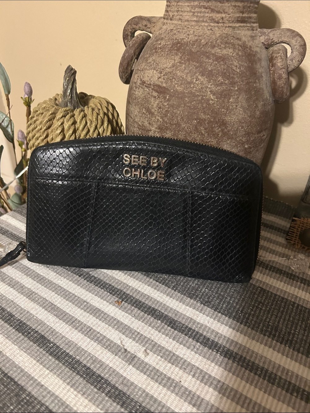 See by Chloé Black Snake-Embossed Leather Zip Clutch Wallet